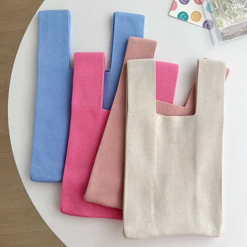 Handmade Knit Handbag Women Mini Knot Wrist-bag Female Casual Color Wide Stripe Plaid Tote Bag Student Reusable Shopping BagXJ250227