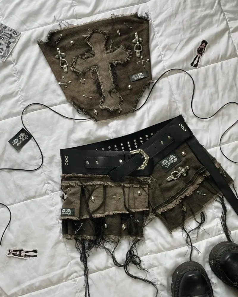 American Fashion Cross Embroidery Patch Short Suit Female Y2K Harajuku Style Sexy Spice Slim Denim Skirt Streetwear 250226