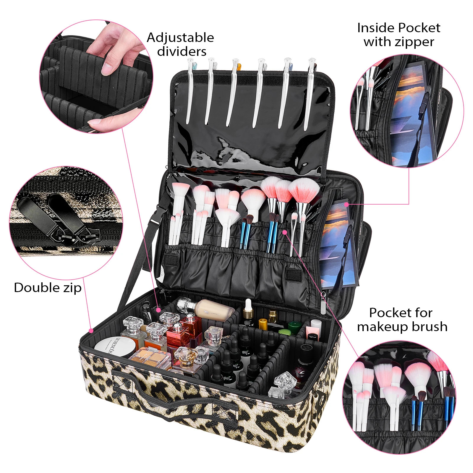 Ship from US AIMEI Extra Large Cosmetic Bag Vanity Case Makeup storage bag and Organizer Leopard print model With mirror 250227FBB