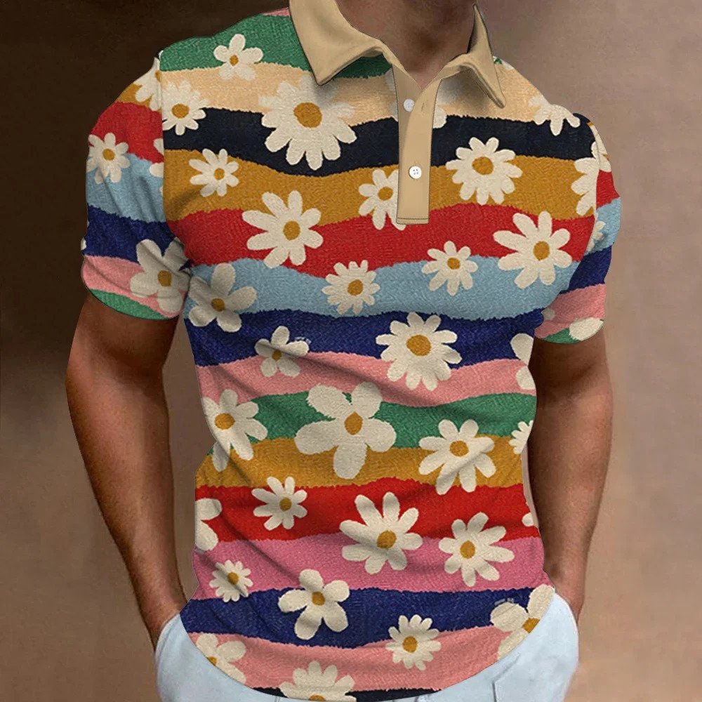 Mens Polo Shirt Summer Street Casual Short Sleeve Flower Print Buttons Tops Fashion Pullover Oversized Clothing Male Golf Wear 250227