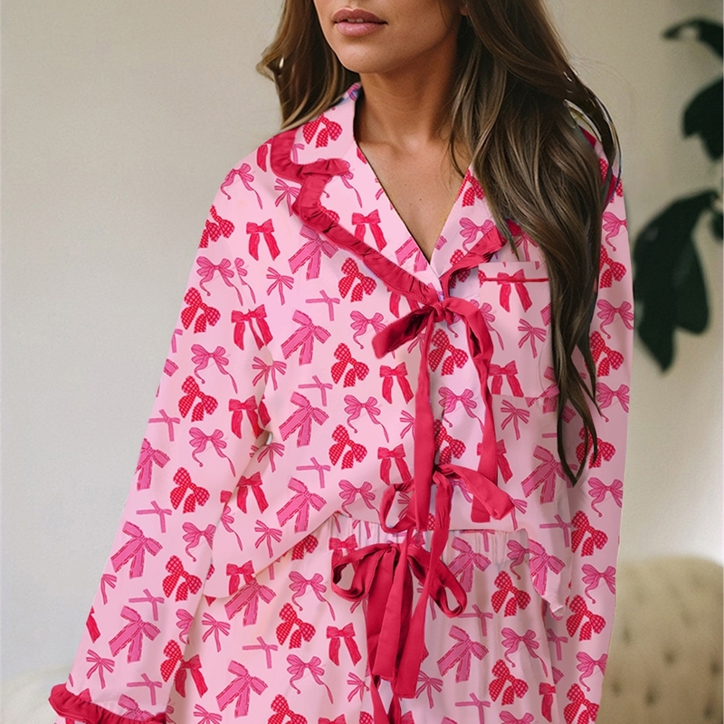 Women Tracksuits Two Pieces Set 2025 New Pleated Long Sleeved Thin Printed Valentines Day Pajamas Casual Set 5 Colors