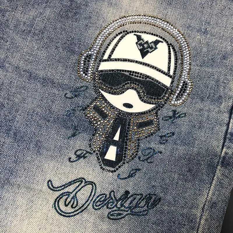 2024 Spring Autumn Casual Slim Denim Jeans for Men Full Length Pants with Patchwork Hole and Print Cowboy Designer Mens Jeans X250227