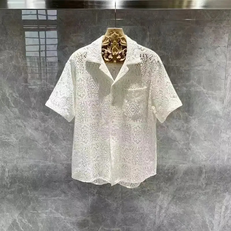 Elegant Fashion Harajuku Slim Fit Male Clothes Loose Casual Sport All Match Shirt Square Neck Hollow Out Button Pockets Blouse 250222