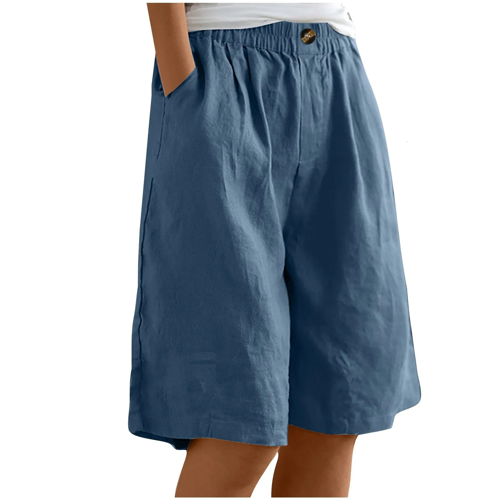Women Bermuda Shorts Elastic Waist Solid Color Summer Shorts Casual Pocket Button Loose Joggers Y2k Streetwear Wide Leg Pants 250227