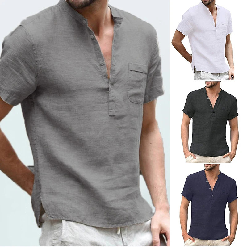 Mens Casual Hip Pop TShirt Summer ShortSleeved Linen Shirts With StandUp Collar Soild Shirt Buiness To 250226