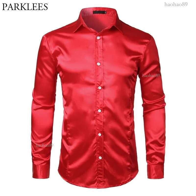 Men's Slim Fit Silk Satin Dress Shirts Wedding Groom Stage Prom Shirt Men Long Sleeve Button Down Shirt Male Chemise Homme Red 210522