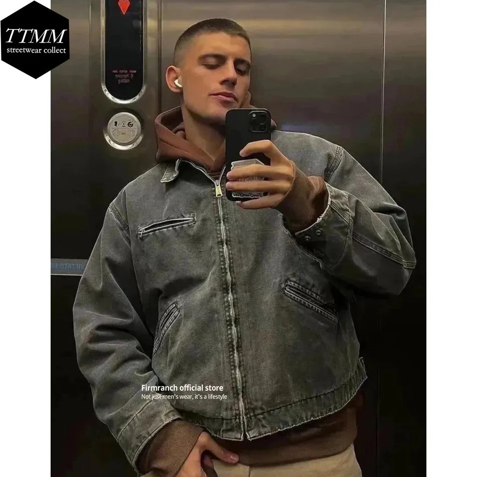 Spring And Autumn American Wash Do Old Detroit Cargo Jacket For Men Women Casual Cotton Canvas Coat With Plaid Inner 250225