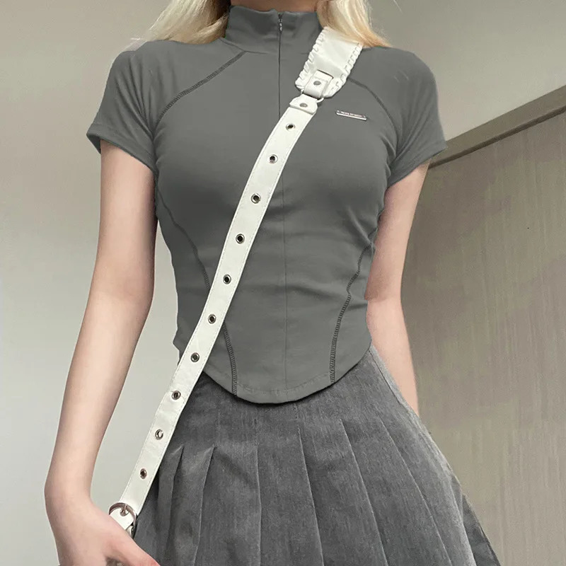 y2k Metal Crop Top Zipper Grey Short Sleeve Biker Moto Tee Korean Fashion Streetwear T Shirt Grunge Chic Outfits 90s 250226