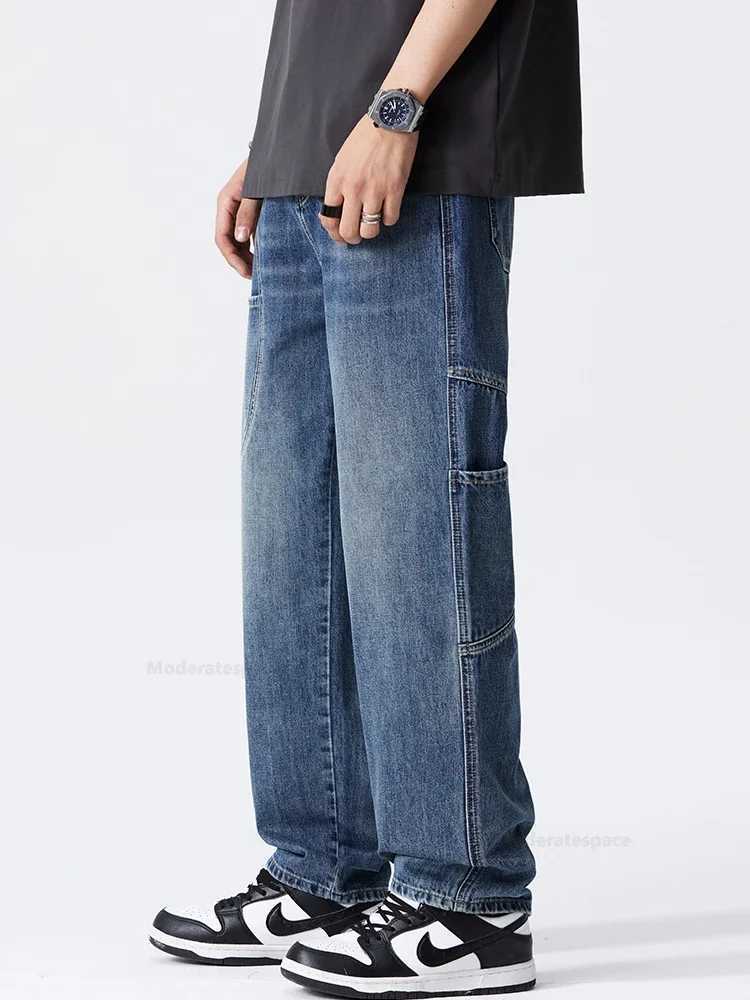 Retro patchwork jeans Korean mens clothing stretchy straight legs casual denim loose and fashionable pants mens X250227