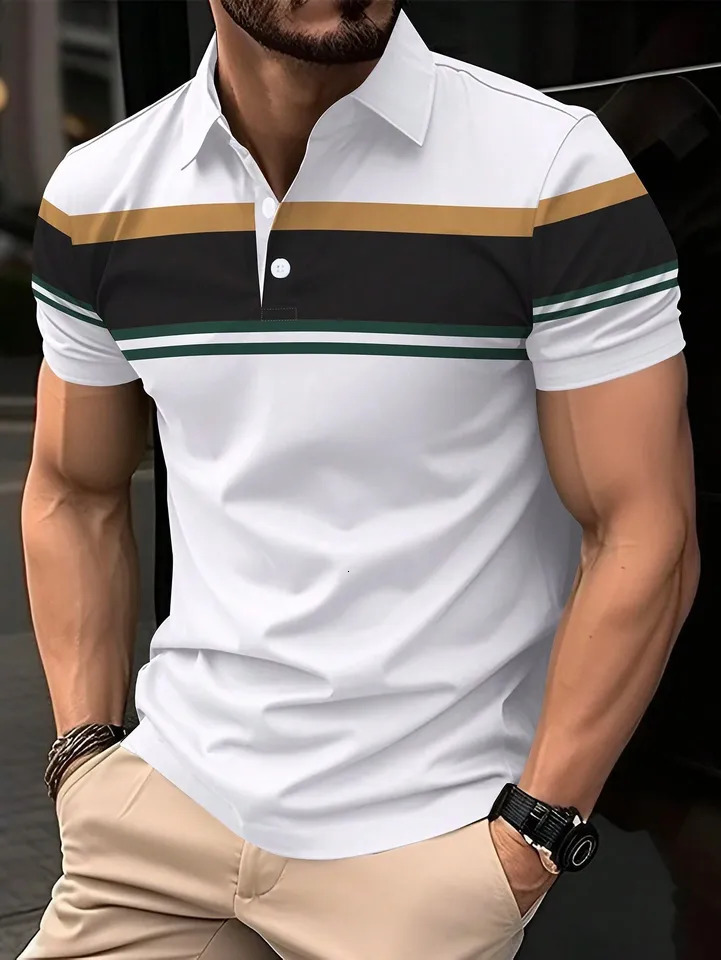Summer Mens Polo Shirt Button Collar Short Sleeve Pullover Casual Sports Solid Color Striped Lapel Trend Mens T Shirt 250227