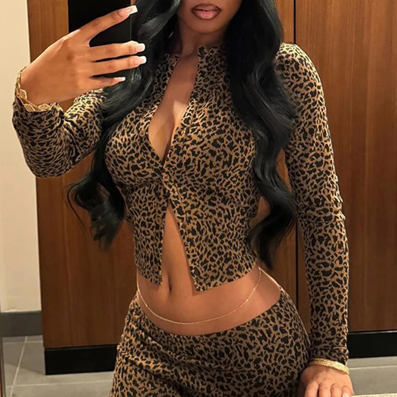 OMSJ 2025 Autumn Leopard Printing Long Sleeve Cardigan TopSkinny Legging Club Party Fashion Two Pieces Sets Trendy Tracksuits 250226