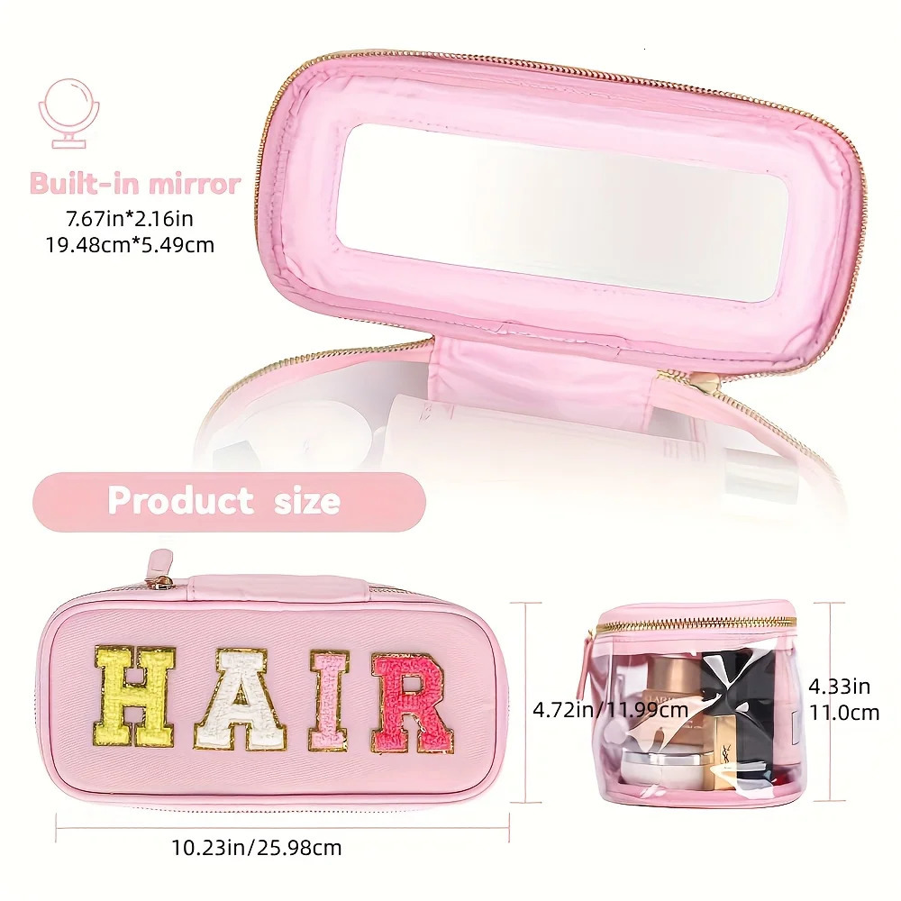 Ship from US Transparent Makeup Bag Organizer Travel Chenier with Built in Mirror 250227FBB