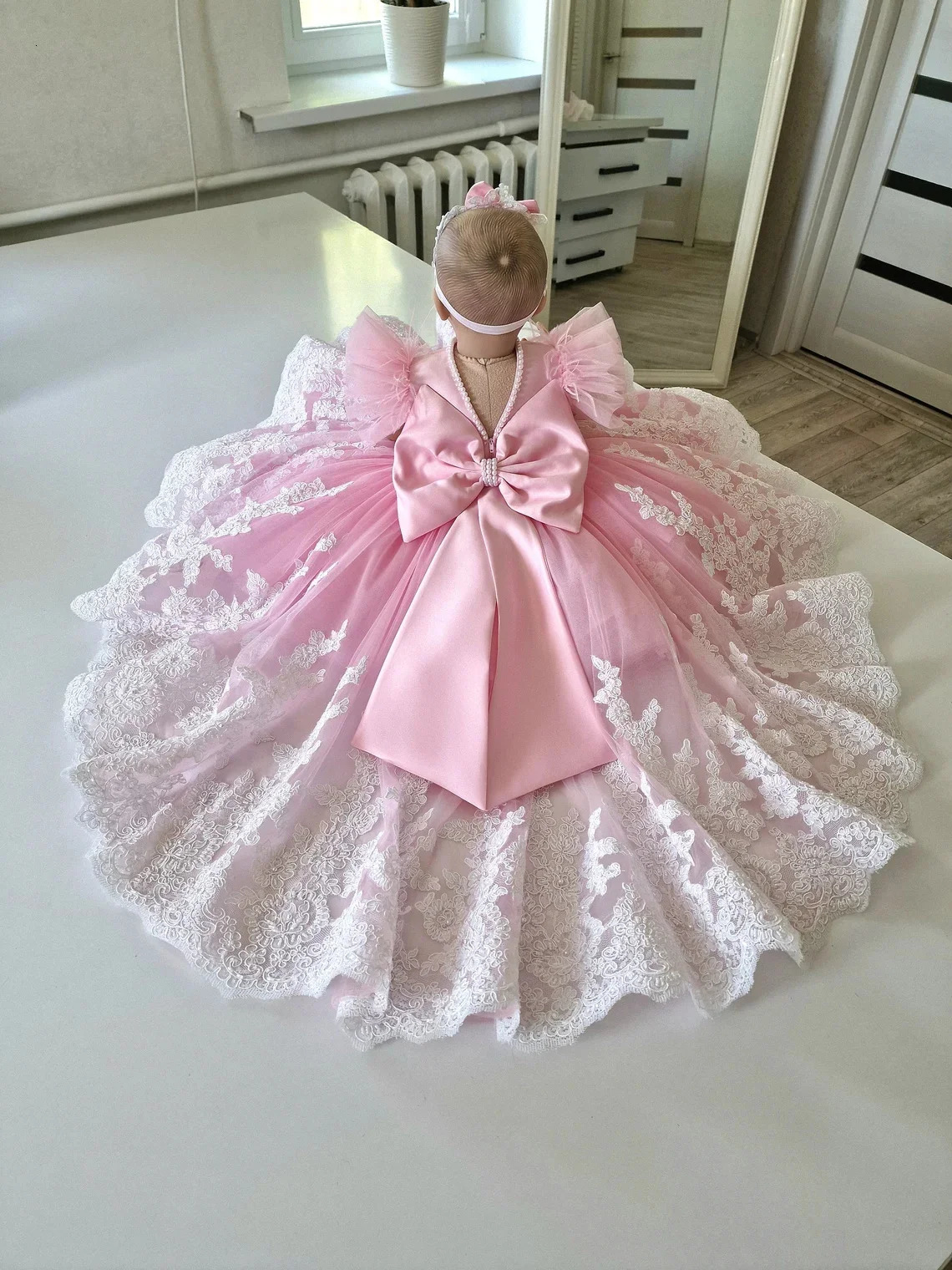 White Lace Baby Toddler Christening Dresses Kids born Party Feather Pearls First Communion Wedding Prom Baptism Outfits 250227