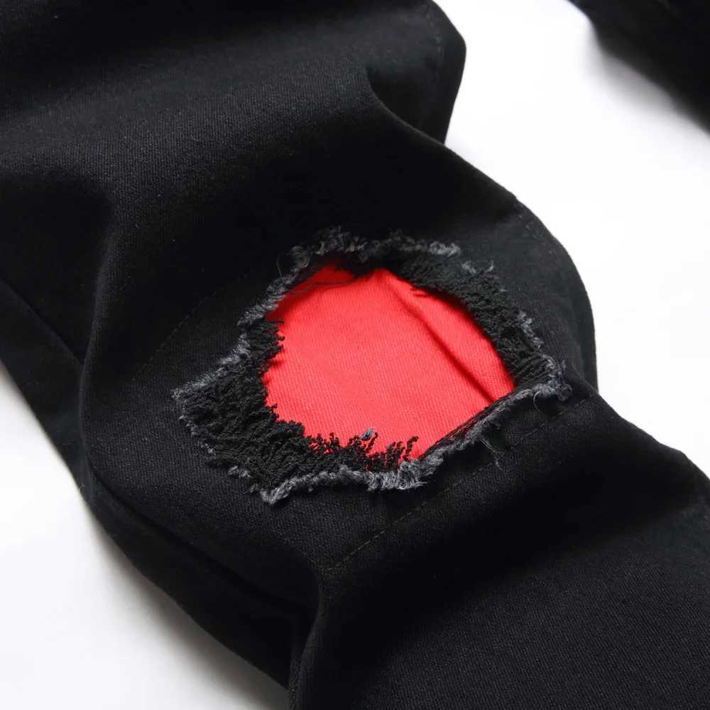 Mens Fashion Holes Patch Stretch Black Skinny Jeans Trouser Distressed Cotton Male Casual Jogging Denim Pants X250227