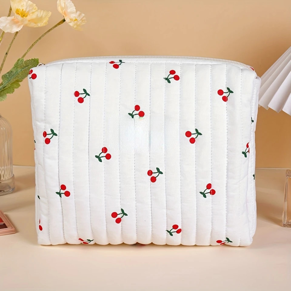 Ship from US Cherry Printed Cotton Makeup Bag Set Elegant Female Toilet Organizer Travel Gift 250227FBB
