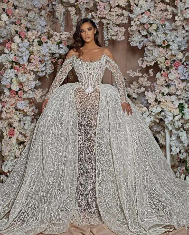 Glamorous Mermaid Wedding Dresses, Shiny Lace, Pearl Sequins, Backless, Long Sleeves, Sweep Train, Bridal Custom Made