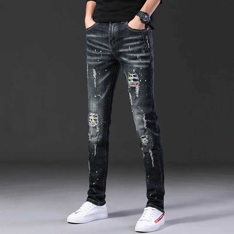 Elastic Brand Men Denim Jeans Hole Ruined High Street Fashion Patch Trendy Slim Fit Cool Daily New Arrival Hip Hop Pants X250227