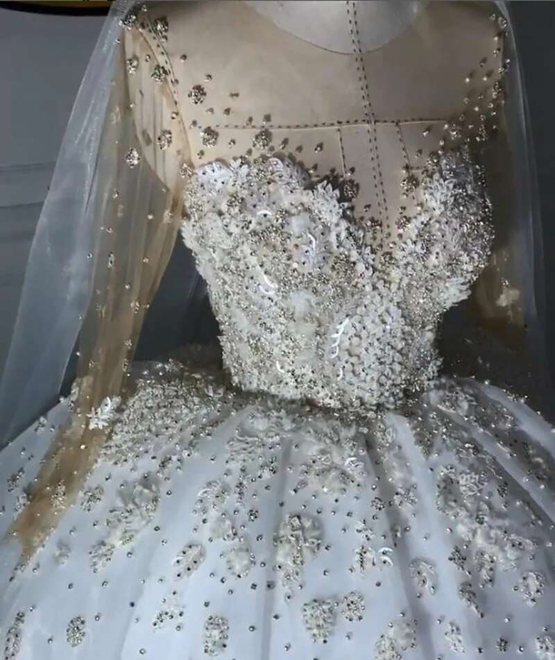 Brilliant Ball Gown with 3D Appliques, Bright Sequins, Bridal Beads, Backless, Custom Wedding Dress