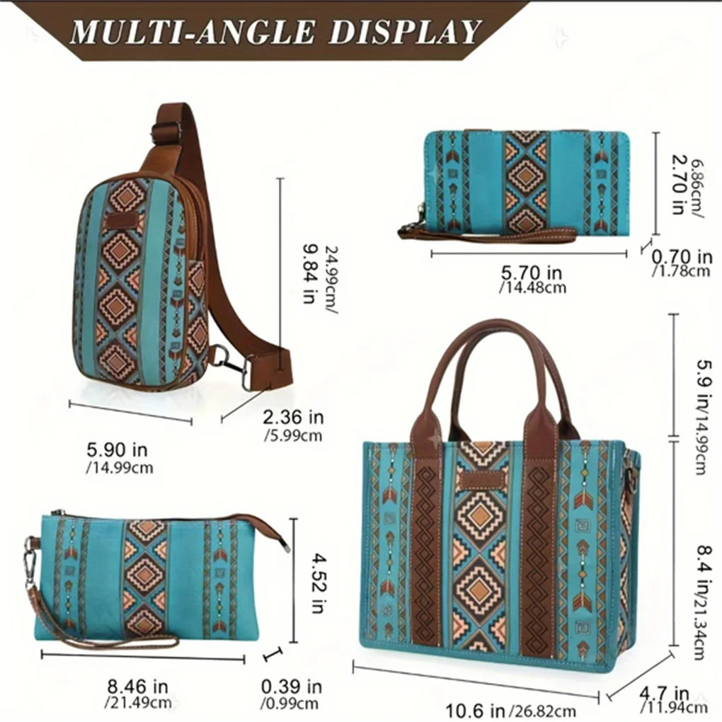 Ship from US 4PCSSET Womens Purse Tote Retro Work Satchel Lightweight Boho Shoulder Bag 250227FBB
