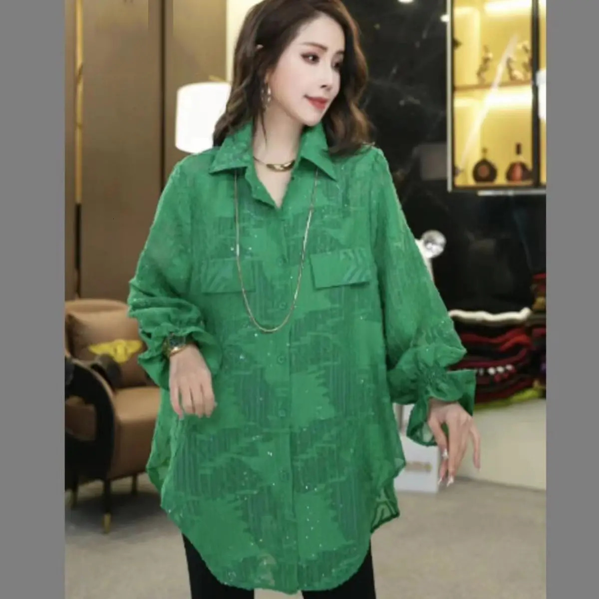 2025 Spring and Summer Star Prints Fashionable Hollow Loose Casual and Versatile Long-sleeved Shirt for Women 250226