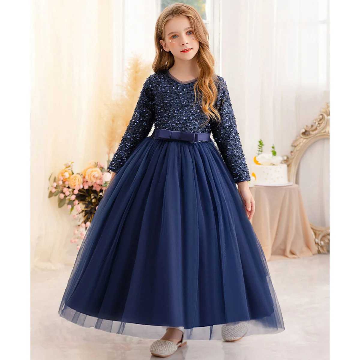 Girl's Dresses Little Big Girls Winter Long Sleeves Sequined Flower Girl Birthday Party Pageant Holiday Long Dress 23822 Y250227A048