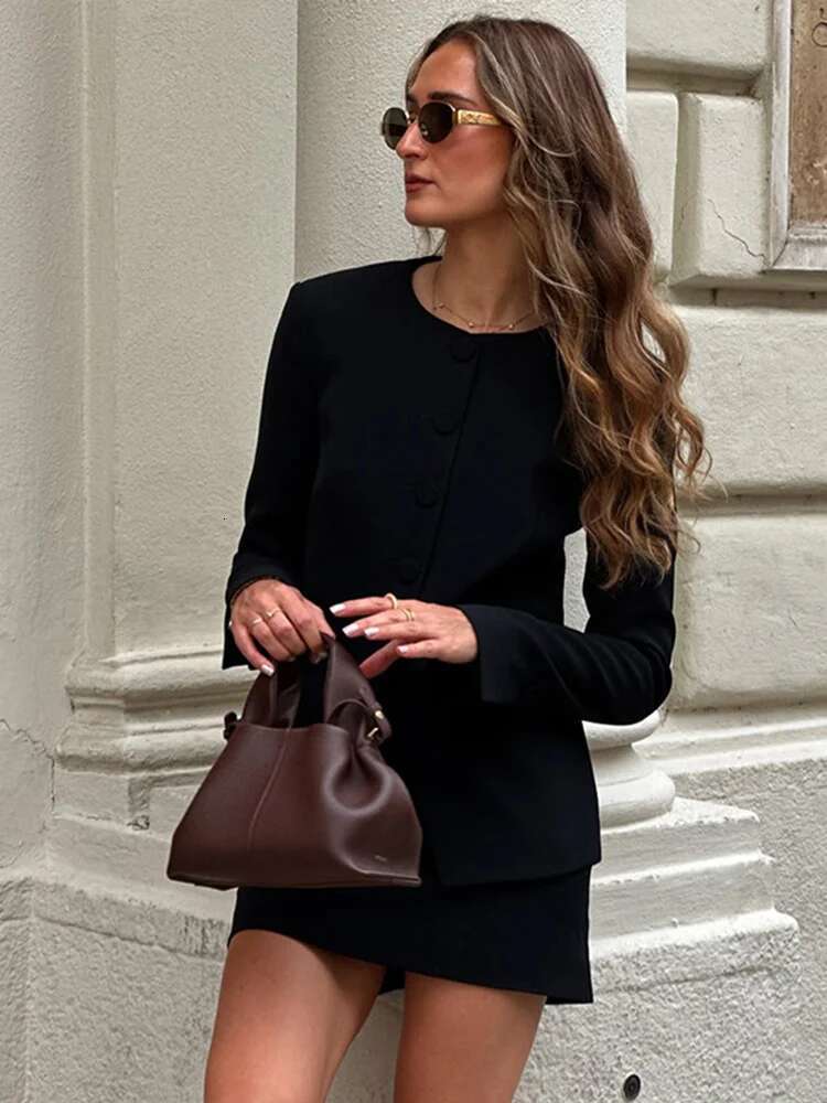 Elegant 2 Piece Sets Women Outfit Fashion O Neck Single-Breasted Pockets Coat Hip Package Mini Skirt 2025 Ladies Office Suit