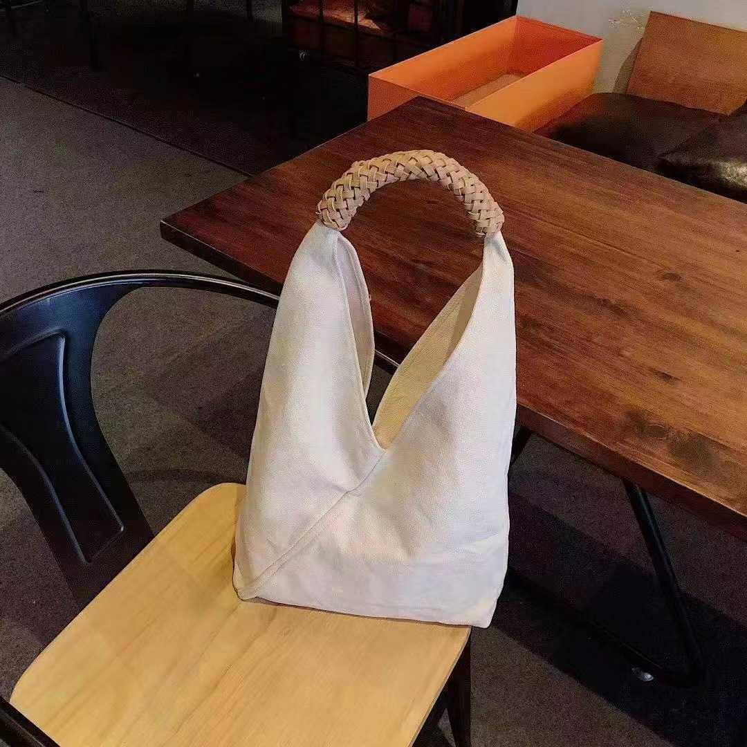 Canvas Saddle Bag Simple Style Solid Color One Shoulder Bucket Bag Handheld Woven Fashion Tote Bag 250215