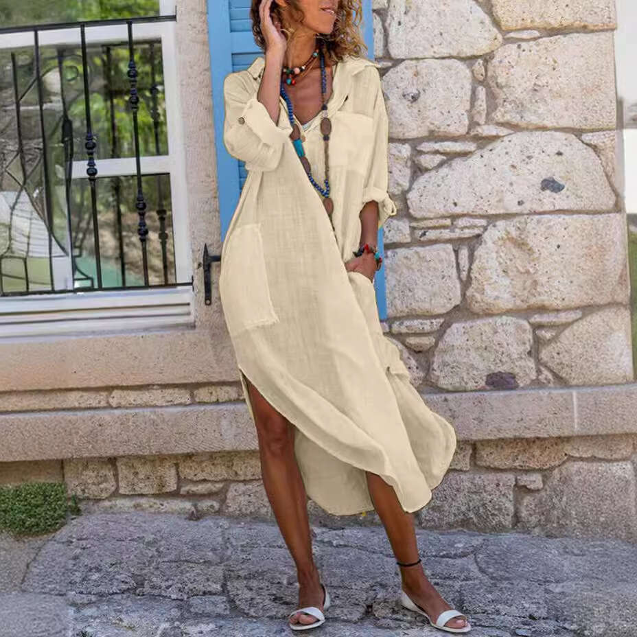 Popular Solid Color Button Split Loose Breathable Shirt Cotton Hemp Long ed Skirt for Women 2025 New Casual Versatile Fashion Clothing