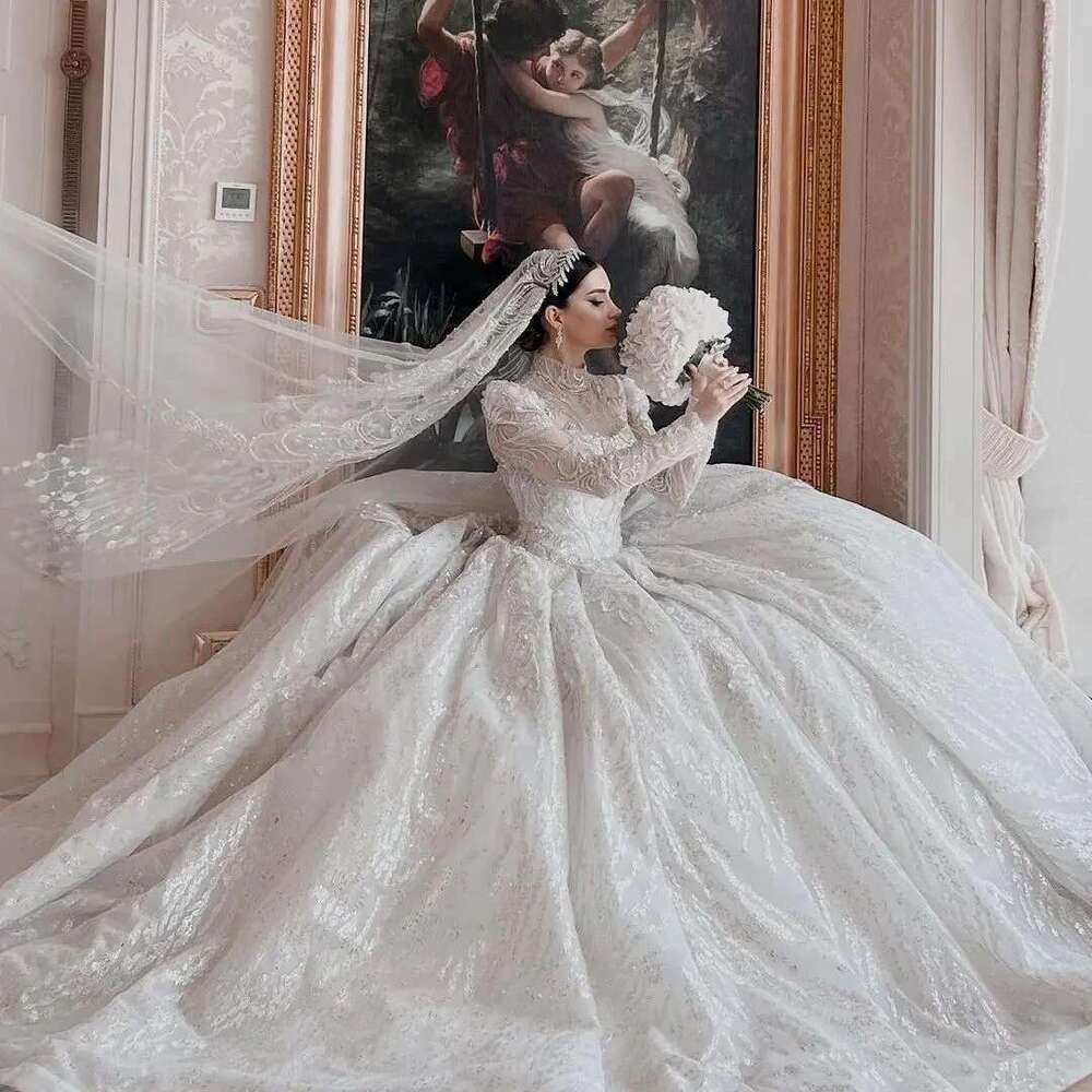 Ball Gown with Lace Appliques,Ball Gown,Wedding Dresses,Sequins,Shoulder Pad,Lace Up Bridal,Sweep Train,Custom Made