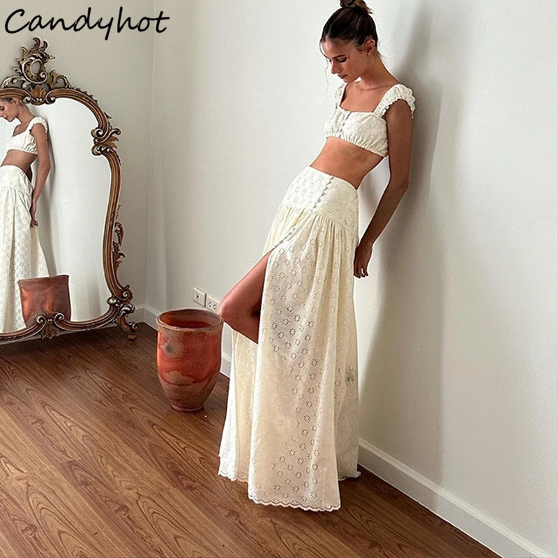 Candy Y2K Lace Floral Two Piece Sets Summer Elegant Outfits Square Neck Front Breasted Crop Top Long Dress Sets Festival Club 250226