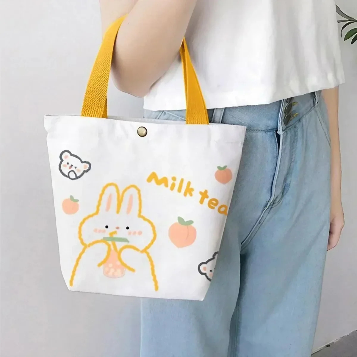 Ship from US KISIMIS Womens Mini Cotton Canvas Handbag Cute Bear Simple Shopping Bag Decorative Wallet Lunch 250227FBB