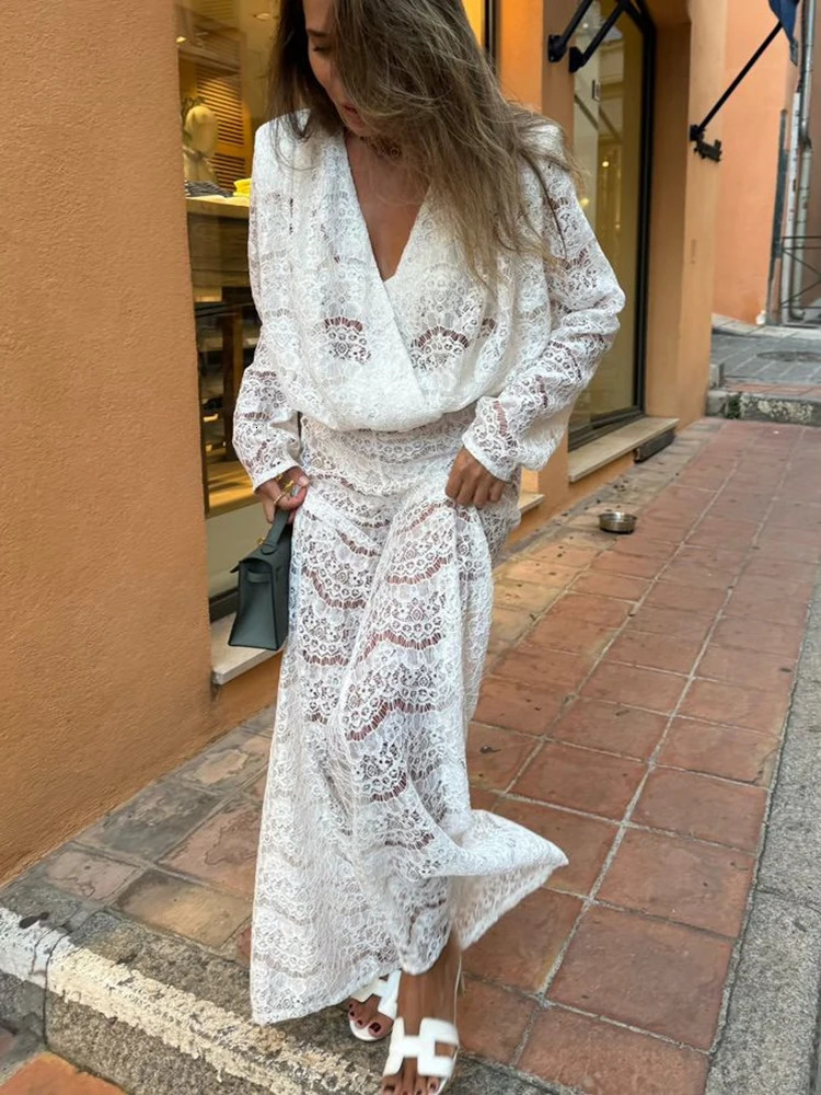 Sibybo Streetwear Lace Pants Set Female Sexy Deep V-neck Loose Top High Waist Wide Leg Pants Two Piece Matching Set 250222