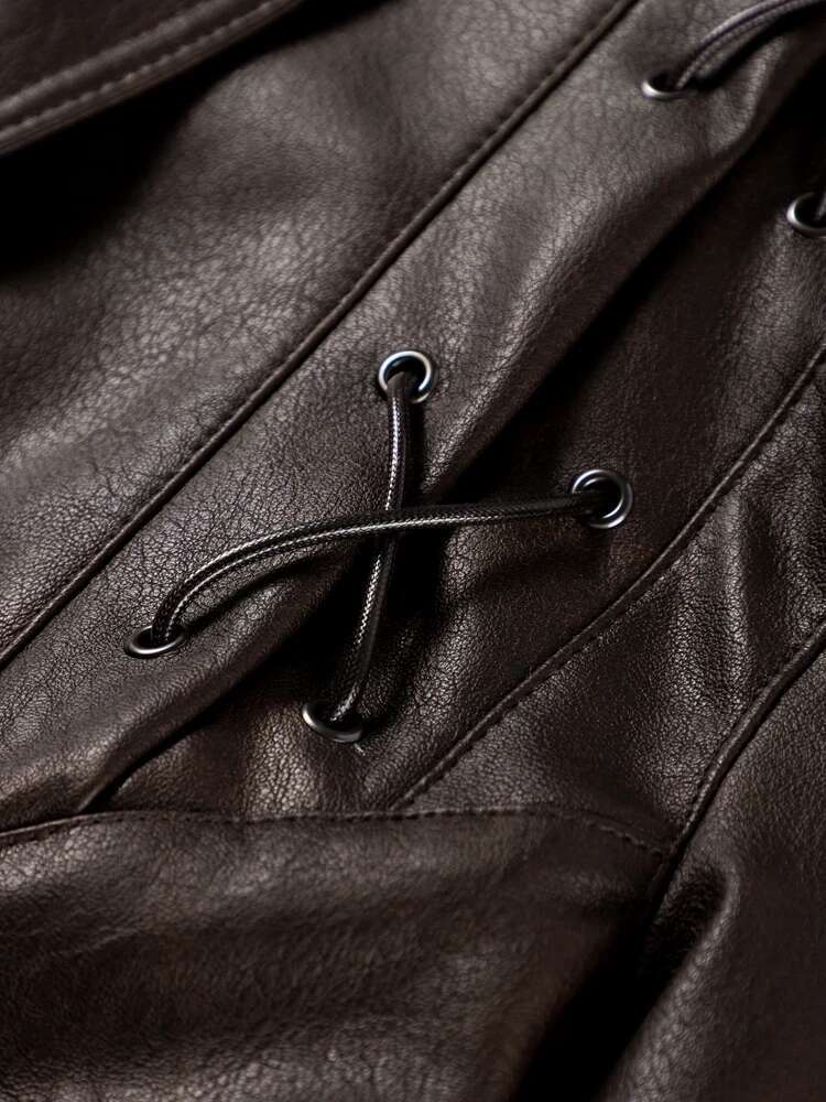 Vintage Street Pu Faux Leather Jacket For Women With Belt V Neck Button Long Sleeve Motorcycle Coat 2024 Autumn Ladies Outerwear