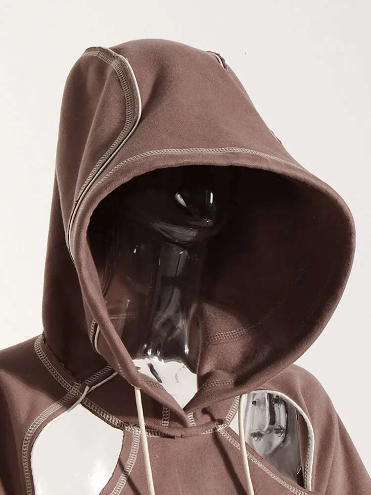 DEAT Fashion Women's Hoodies Contrast Color Open e Hooded Cut Out Backless Bandage Sweatshirt Autumn 2025 New 1DF1820