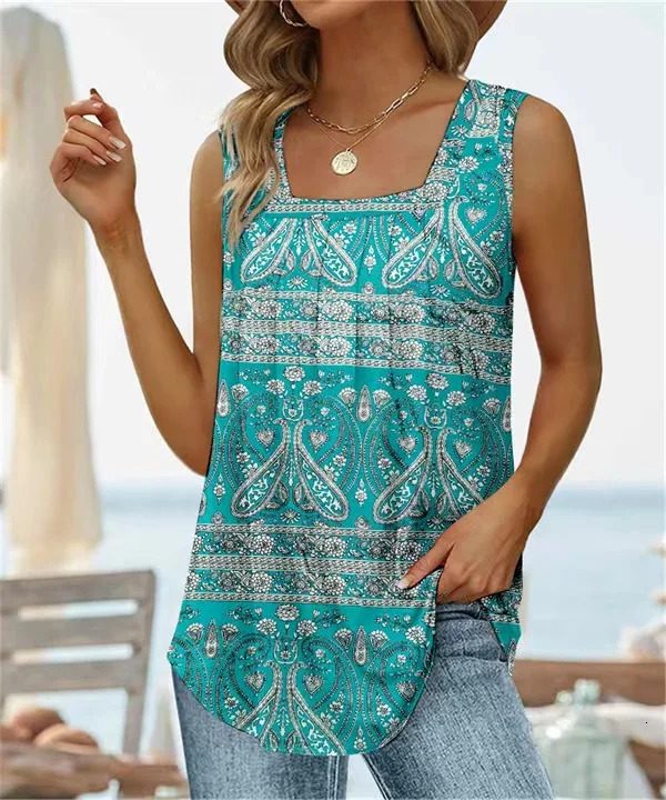 Summer Womens Vest Tshirt Sleeveless Square Neck Printed Tank Top Casual Loose Floral 250226