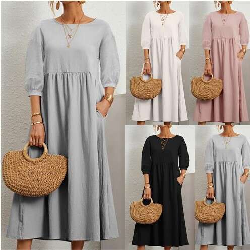 Women's European American Solid Color Lantern Sleeve Loose Cotton and Hemp Pocket Dress 2025 New Casual Fashion Trendy Clothing