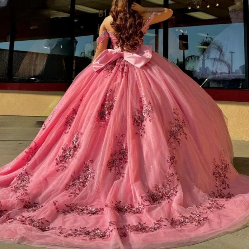 Rose Red Shiny Quinceanera Dresses Ball Gown Off The Shoulder Applique Bow Beading Crystal Tull Party Birthday Sweet 16 Vestidos 15 Anos