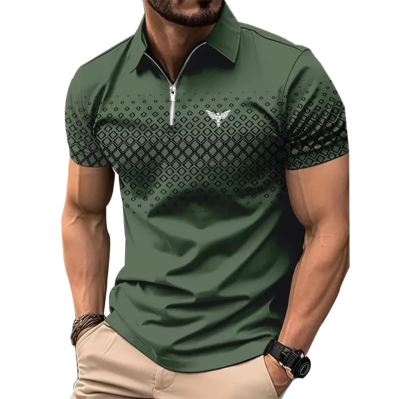 Men Personality Summer Fashion Sport Short Sleeve Casual Lapel Zipper Polo Shirt Men Print Polyester Quick Drying Polo Shirt Top 250224