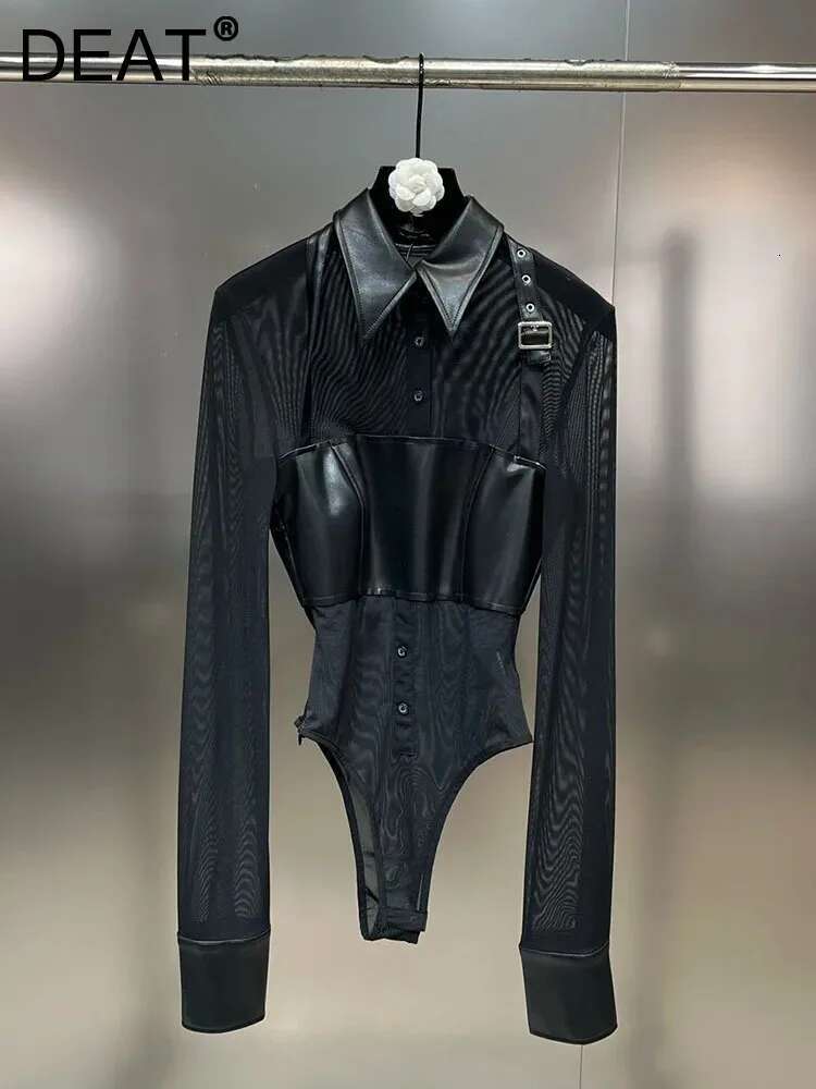DEAT New Trendy Women's Mesh Spliced Leather Fake Two-piece Bodysuits 2025 Spring Fashion Long Sleeves Jumpsuit Female 11XX8010