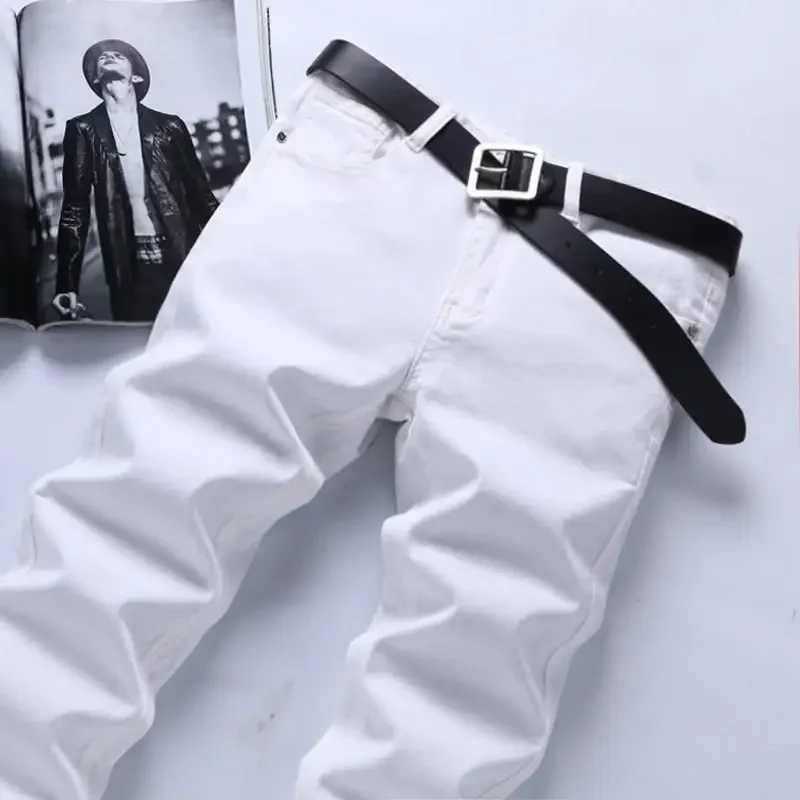 Pure White Jeans Mens Elastic Korean Style Slim Fit Youth Slimming Straight Leg Business Casual Middle Age High End Pants X250227