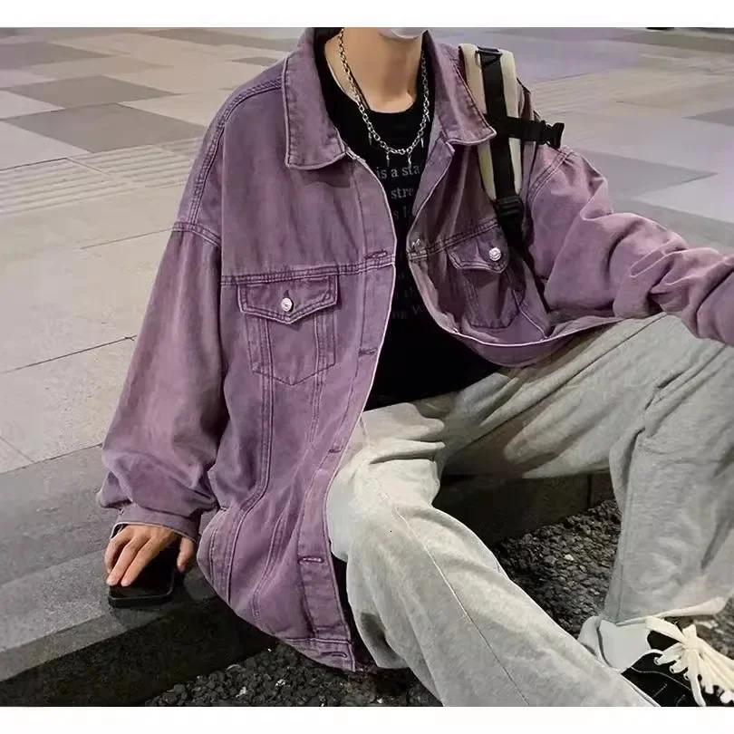 Purple American Style Vintage Denim Jacket For Men Women Trendy High-end Feel Rough Tough Streetwear Clothing 250225