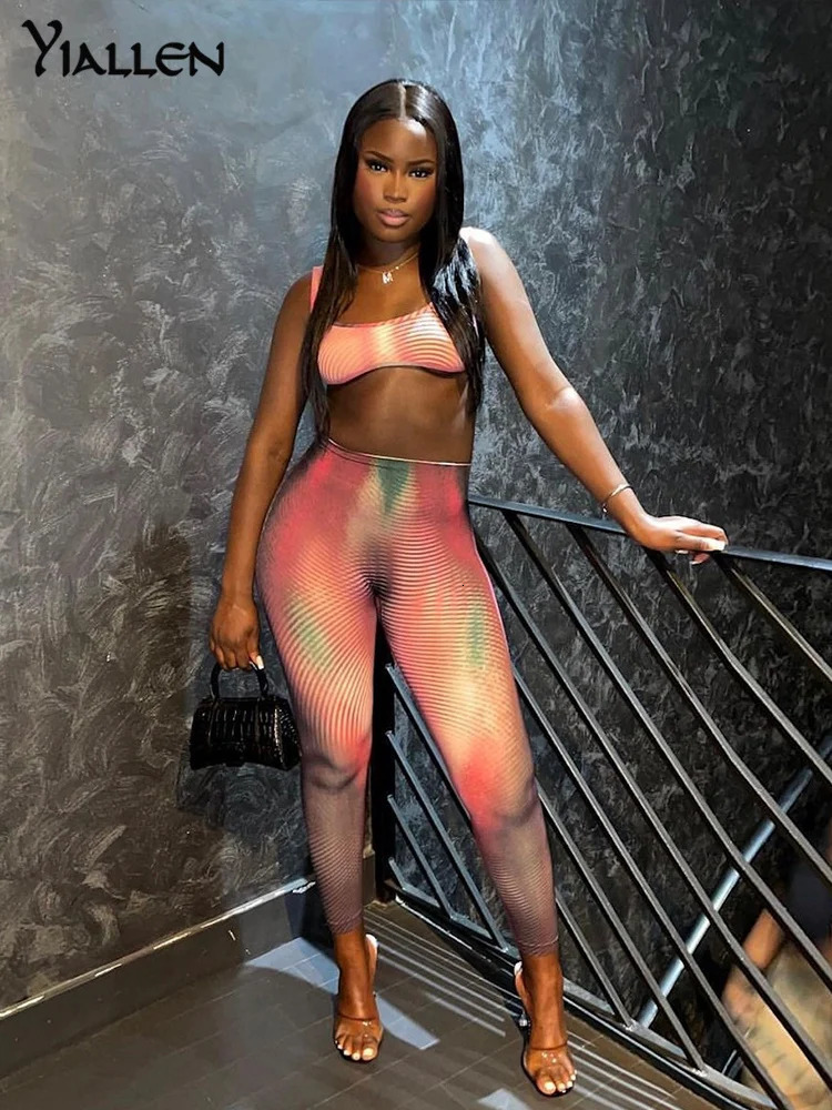 Yiallen Autumn Winter Womens Sexy 2-Piece Retro Printing Sling Sleeveless Top High Waist Slim Pants Fashion Street Set 250226