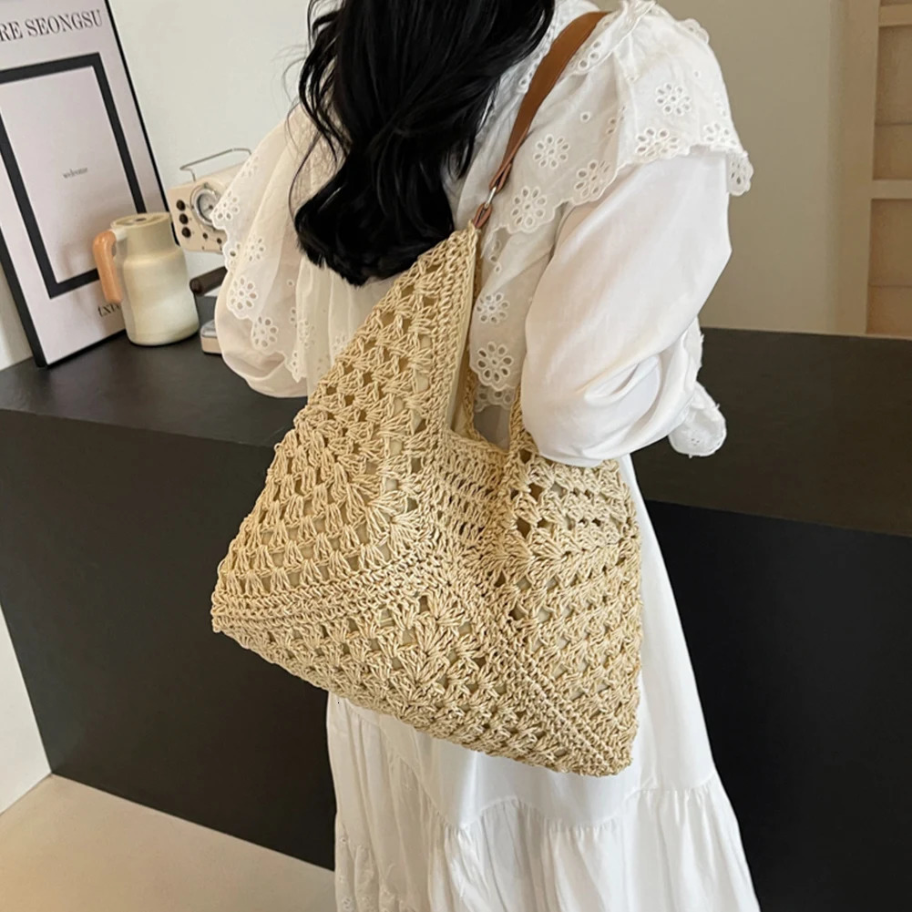 Ship from US Summer Straw Bag Hollow Out Underarm Solid Color Vacation Holiday Travel Handbag Boho Shoulder Purse for Women 250227FBB