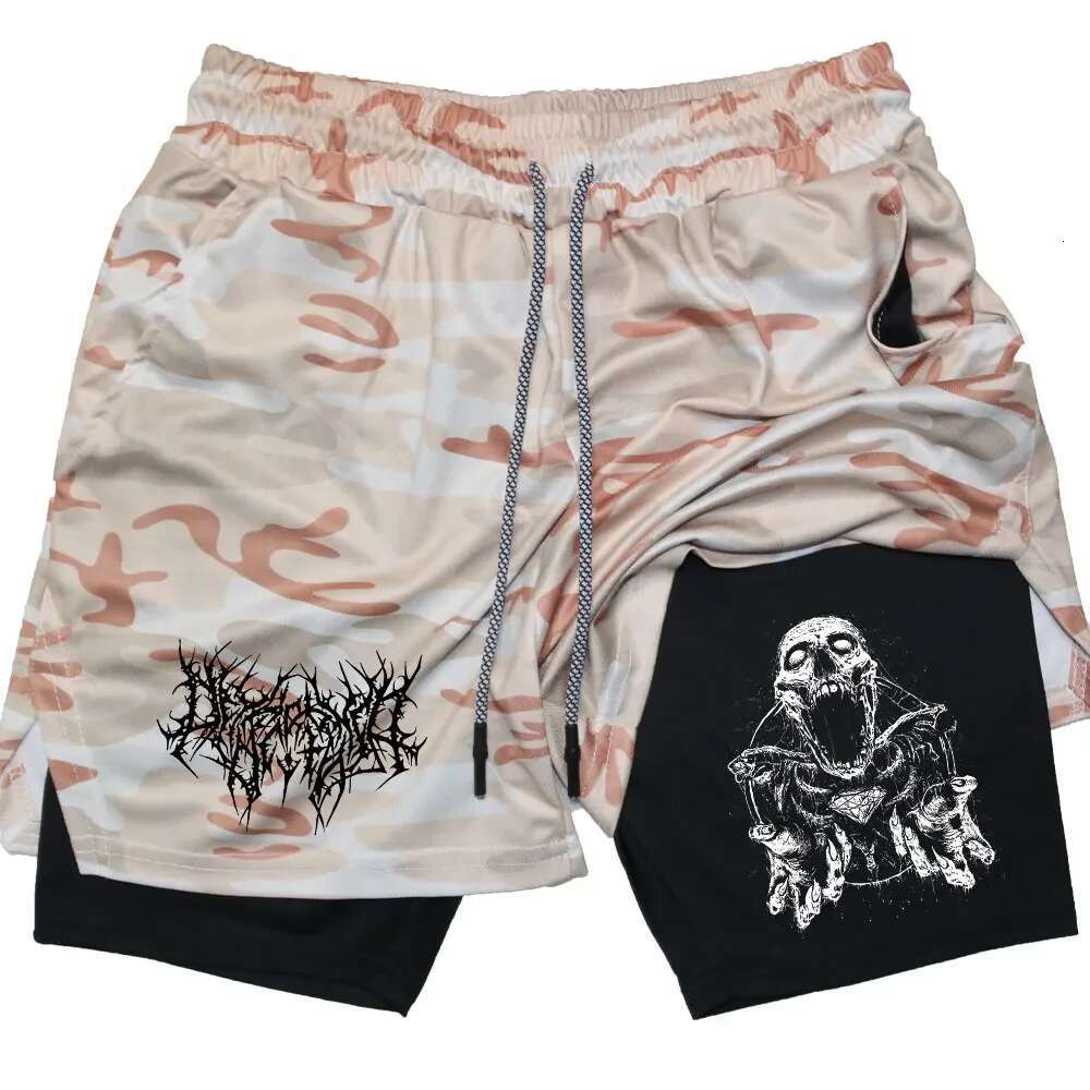Y2k Performance Men Quick-Drying Fiess Skull Print Double Layer Shorts Workout Training Running Bodybuilding Sportwear