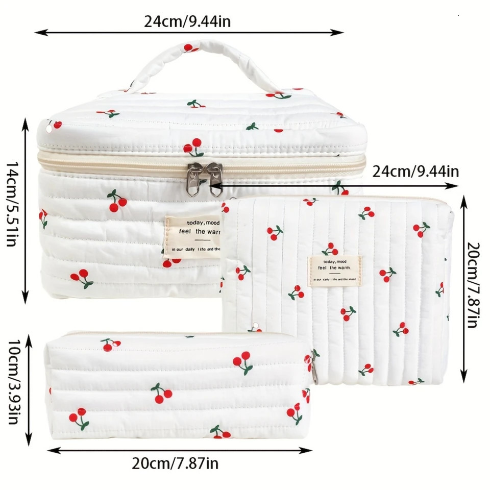 Ship from US Cherry Printed Cotton Makeup Bag Set Elegant Female Toilet Organizer Travel Gift 250227FBB
