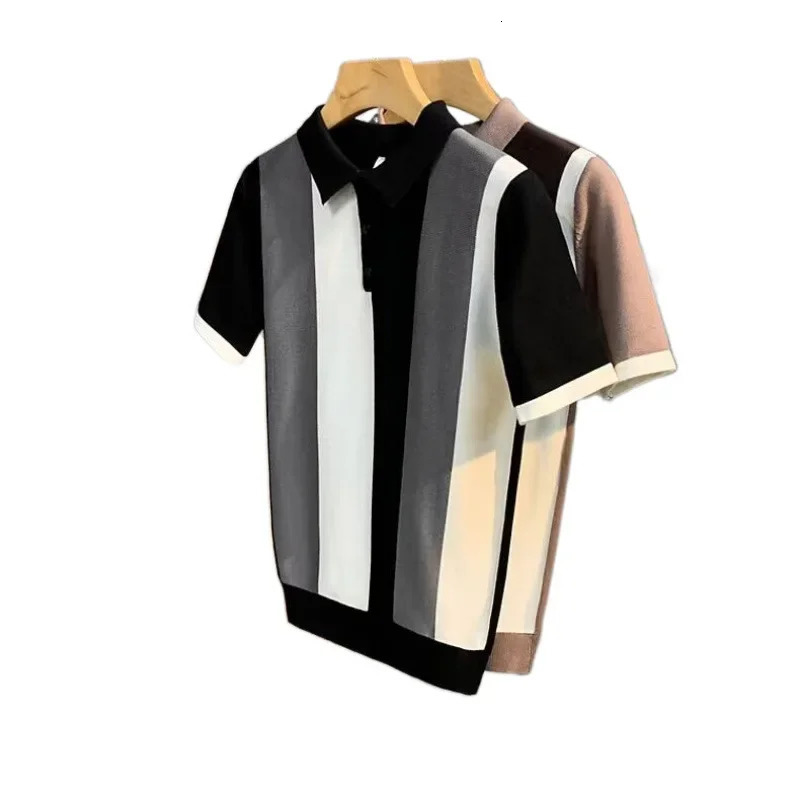 High end mens ice silk polo shirt striped short sleeved casual T-shirt summer top easy to wear casual style 250225