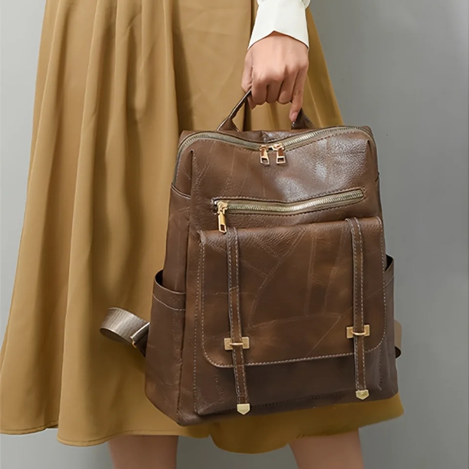 Ship from US Retro PU leather backpack simple preparatory style school bag fashionable laptop travel and workday 250227FBB