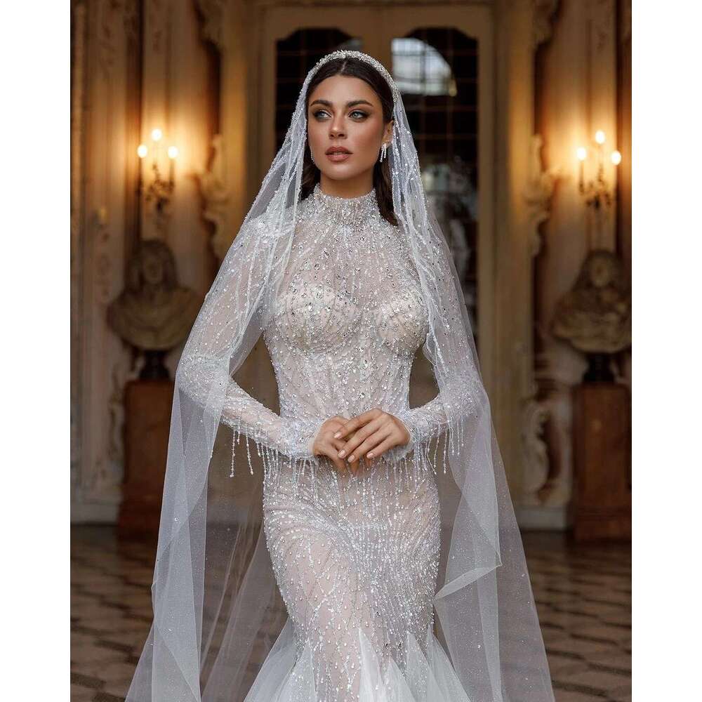 Mermaid High Neck Backless Beads Lace Pearls Wedding Dress Train Sweep Custom Bridal Dresses