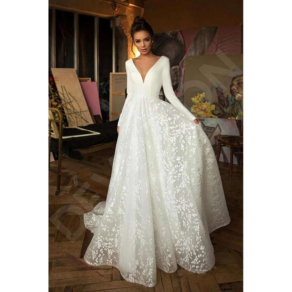 Elegant Lace Appliques Wedding Dresses A E Sexy V Neck Long Sleeves Satin Backless Bridal Gowns Vestidos De Novia Customized