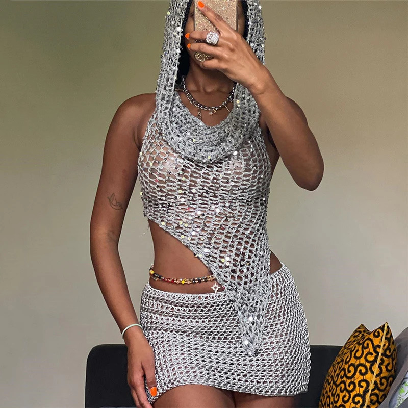 Gtpdpllt Y2k Sexy Two Piece Set Hollow Out Knit Sequin Hooded Crop Top And Mini Skirt Crochet Rave Festival Outfits For Women 250226